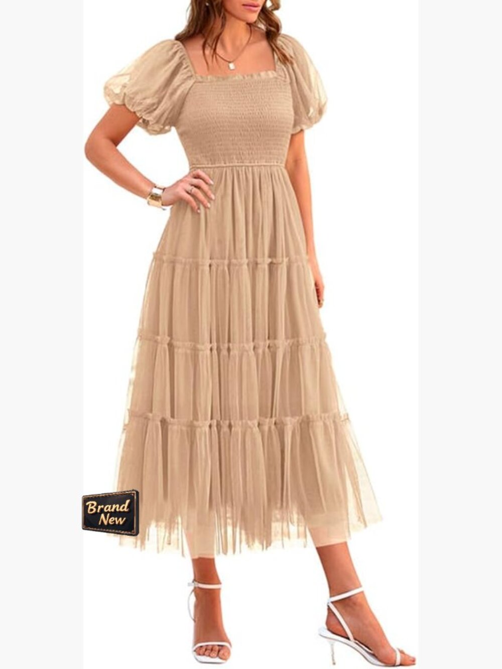Smocked Midi Tulle Dress with Puff Sleeves, Square Neck, Tiered Ruffle, Flowy